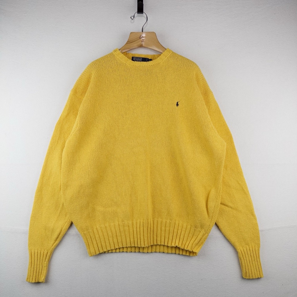 90's Vtg Polo Ralph Lauren Chunky Yellow Cotton Sweater Men's 2XL